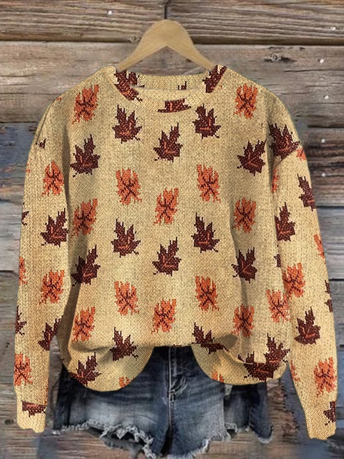 Women's Falling Leaf Casual Round Neck Print Knitted Sweater