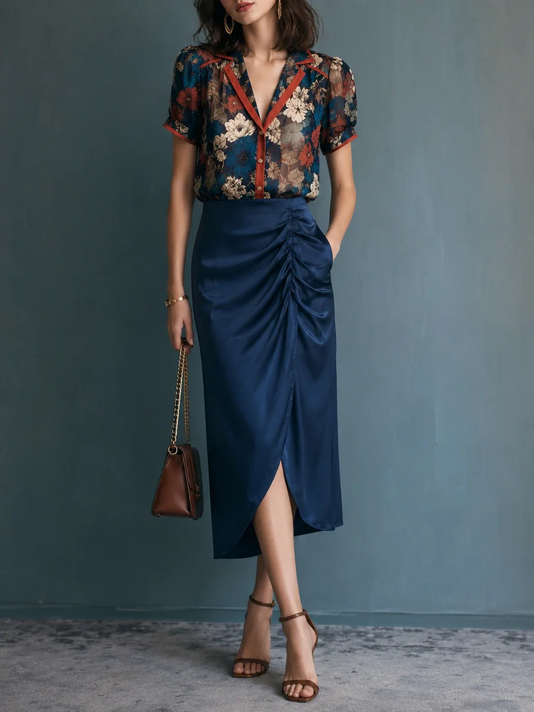 Navy Satin Ruched Front-Slit Midi Skirt