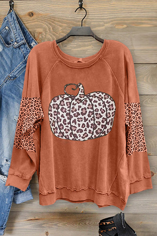 Classic Pumpkin Print Panel Leopard Sweatshirt