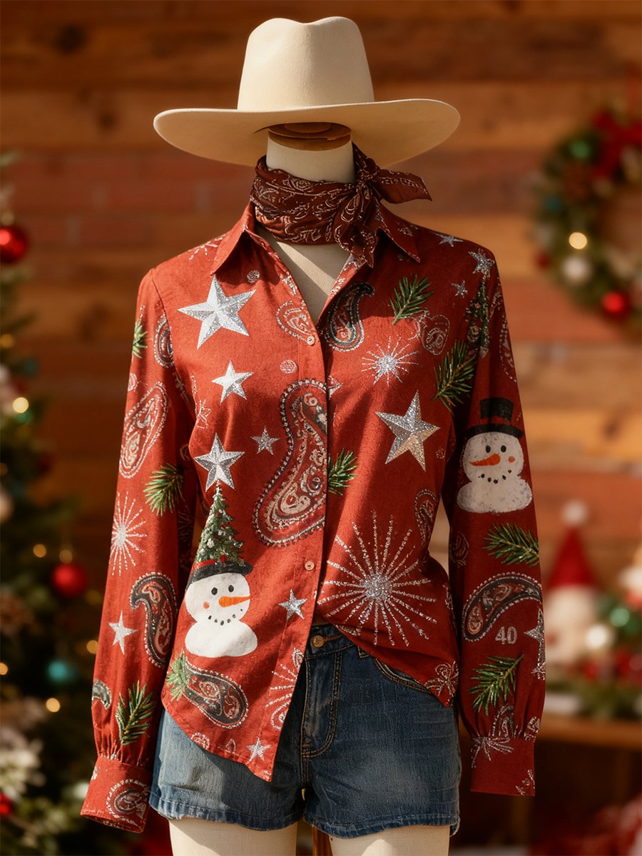 Women's Retro Casual Chirstmas Western Slim Waist Long Sleeve Shirt