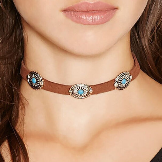 Bohemian Vintage Metal Platter Turquoise Choker