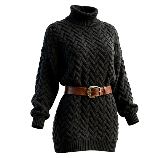 Women's Vintage Black Cable Knit Turtleneck Sweater Dress