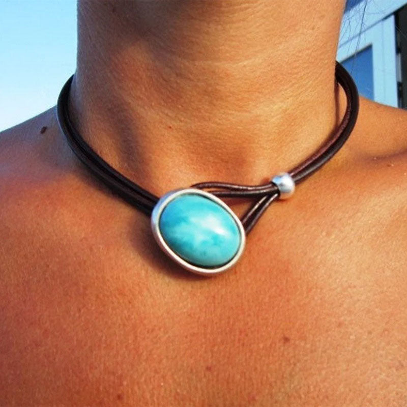 Vintage Leather Cord Turquoise Necklace