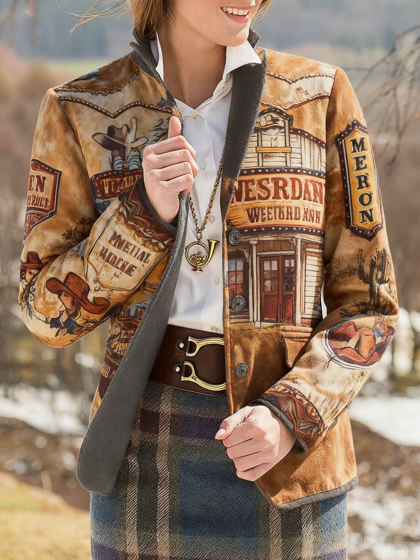 Women's Western Landscape Print Slim Fit Suit Jacket