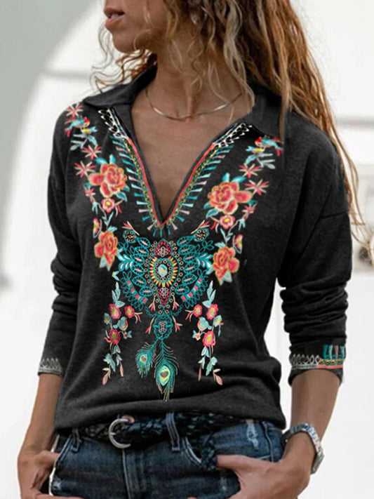 Fashion V-neck Tribal Print Long Sleeve Casual T-shirt