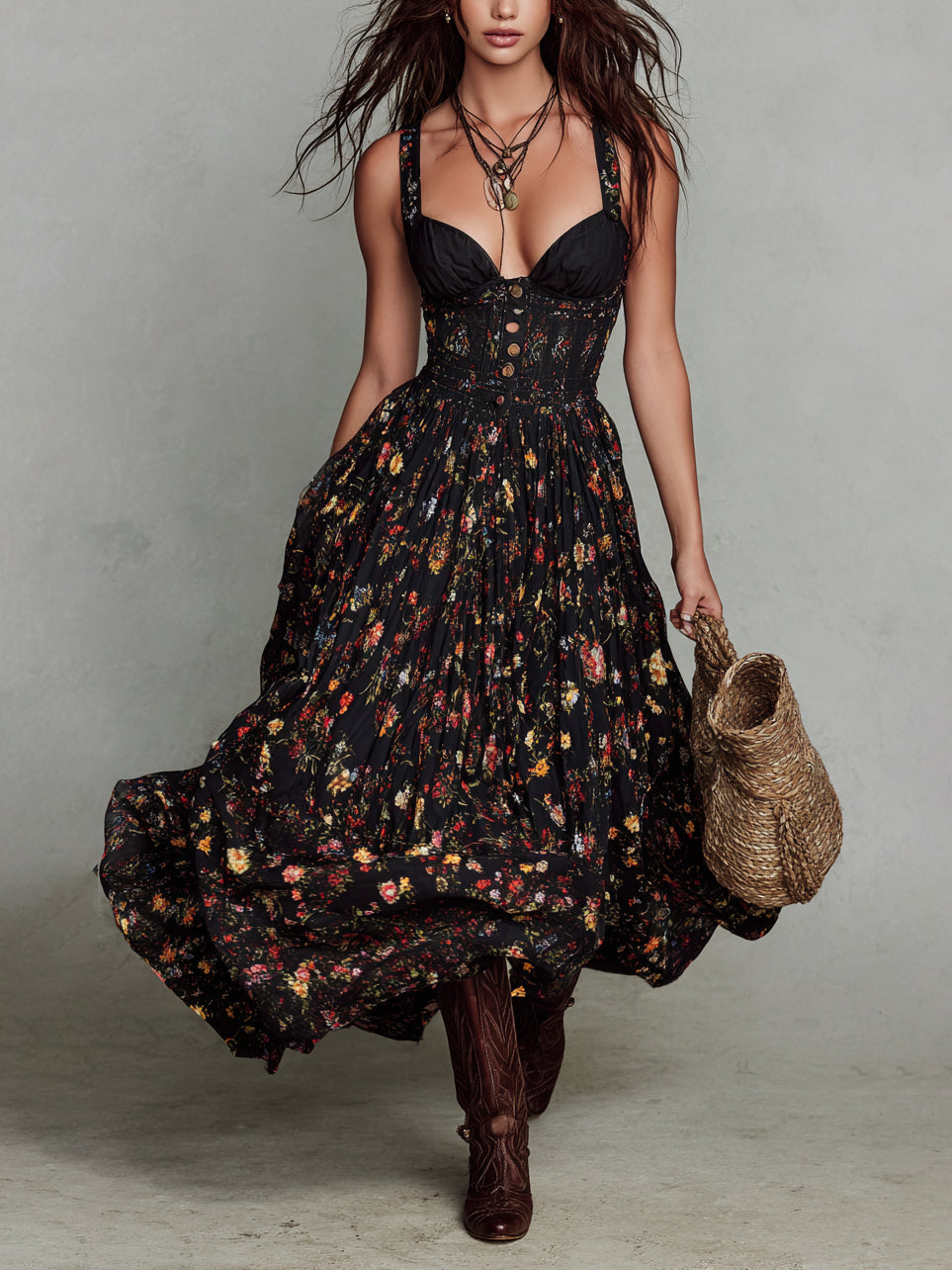Floral V-Neck Dress With Wide Straps