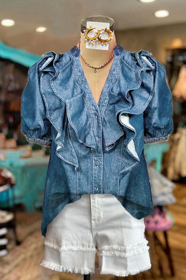 Elegant Ruffled V-neck Denim Top