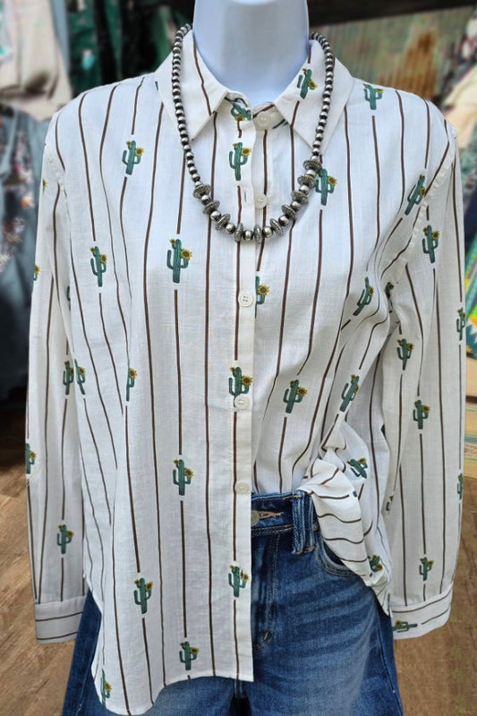 Striped Cactus Print Button Down Blouse