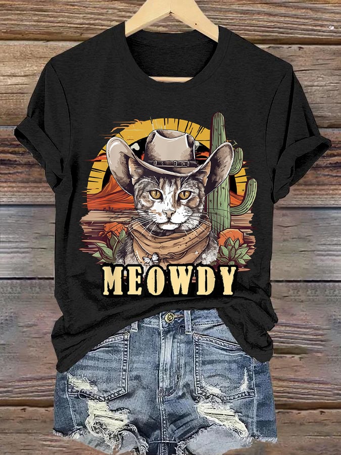 Women's Western Style Retro Cowboy Cat Printed Round Neck Short Sleeve T-Shirt