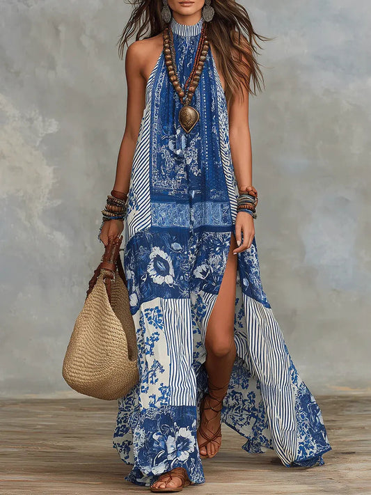 Women's Retro Ethnic Floral Pattern Art Print Casual Fashion Maxi Dress