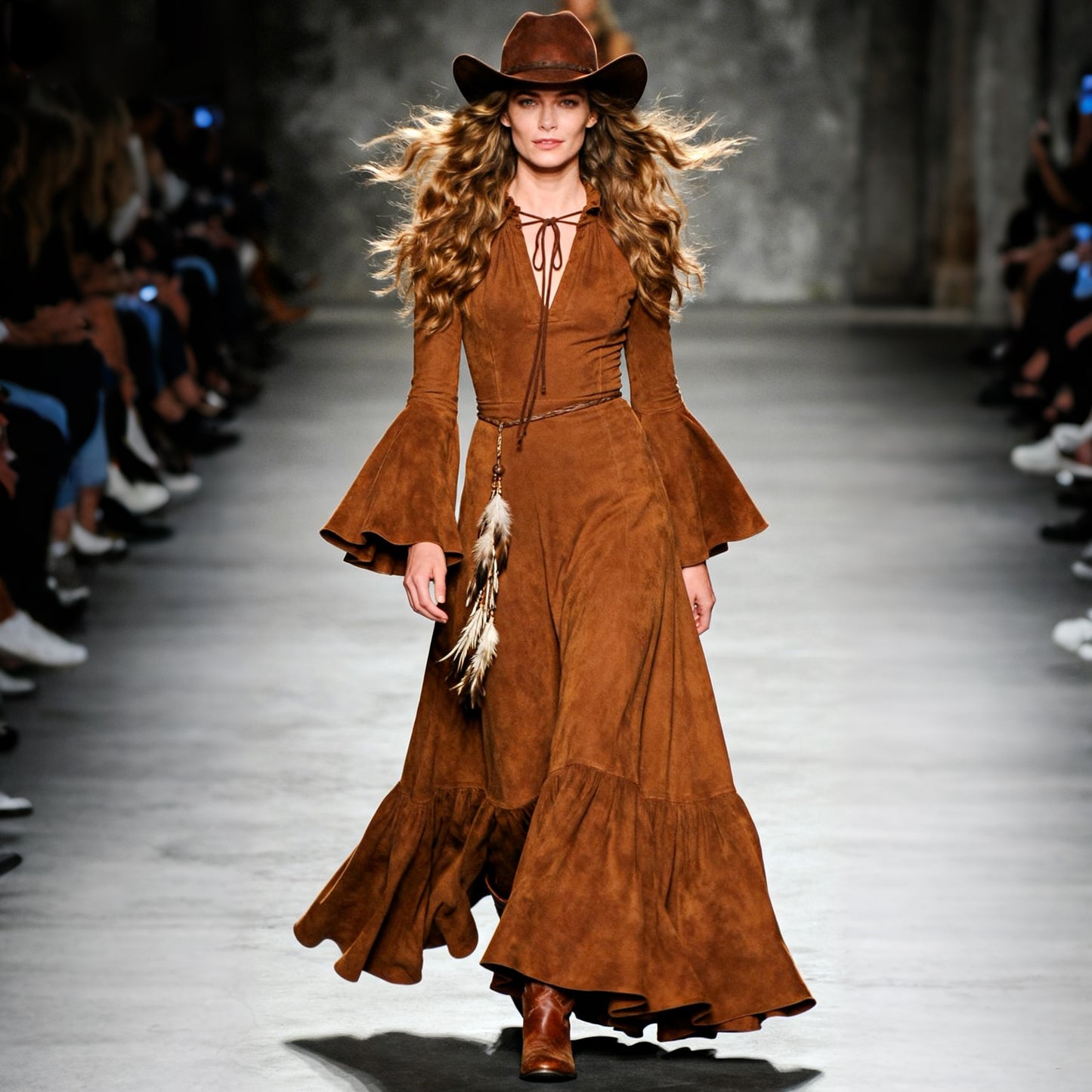 Women's Retro V-neck Lace-up Feather Decorated Trumpet Sleeve Long Dress