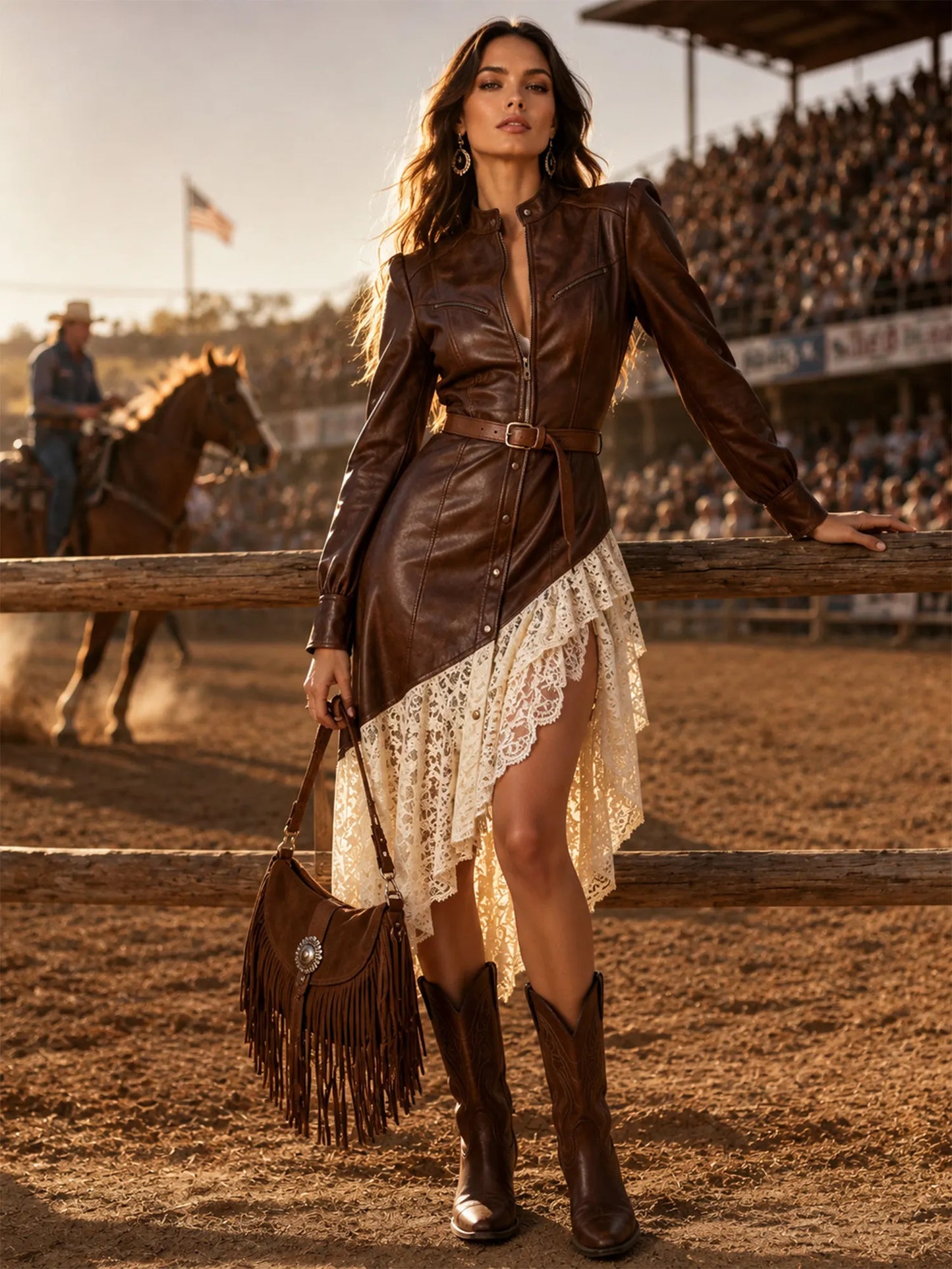 Coffee Brown Leather Patchwork Asymmetric Lace Midi Dress