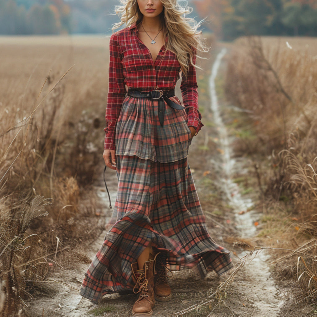 Retro V-neck Plaid Women's Long-sleeved Long Skirt Country Pastoral Retro Dress