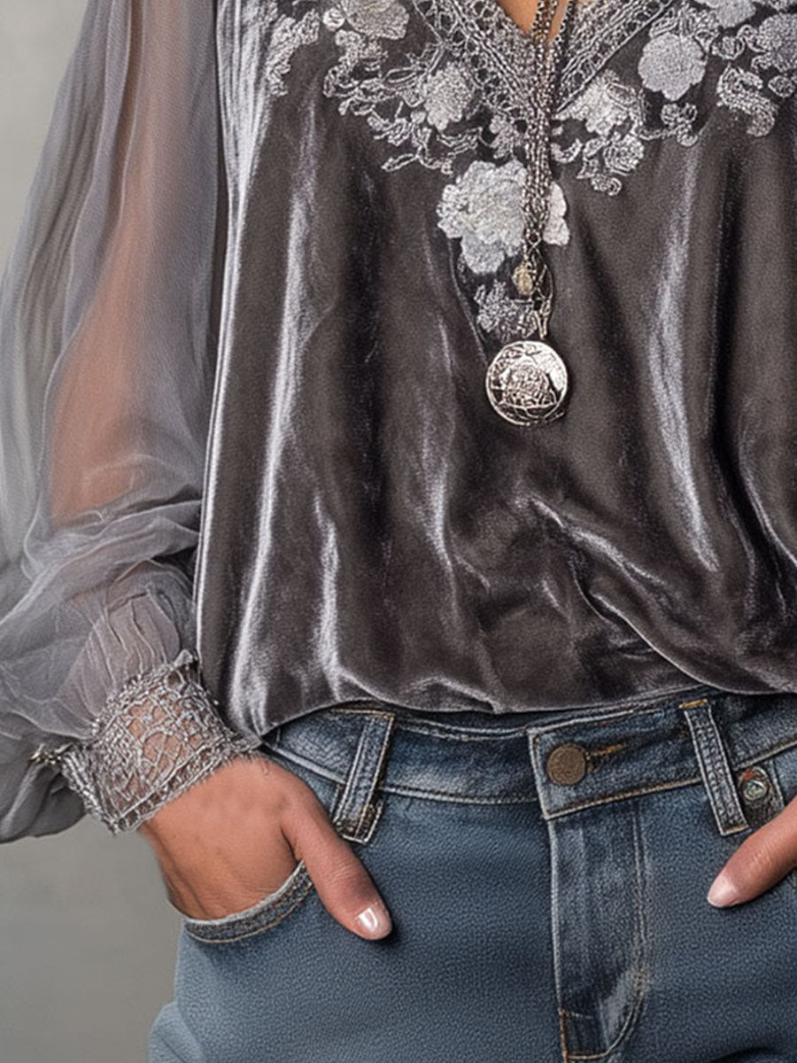 Vintage Grey Embroidered Velvet Blouse With Lace And Sheer Balloon Sleeves