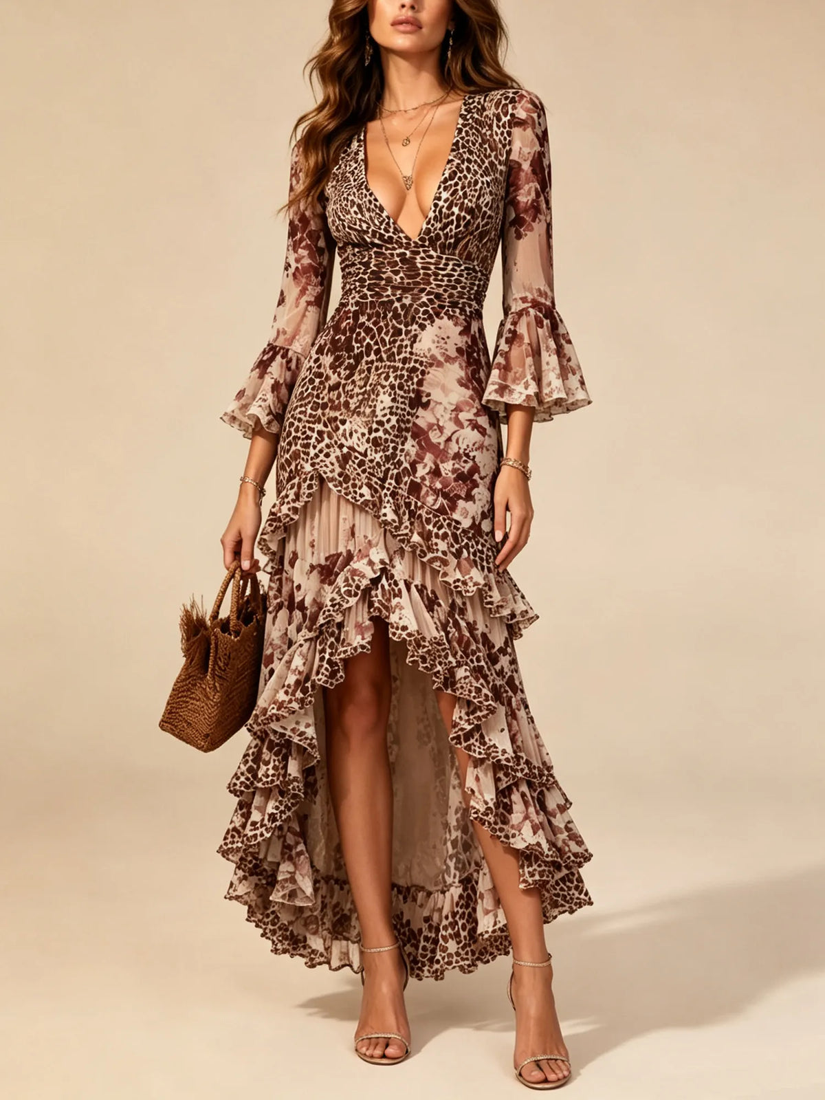 Western-Style Dress — Ochre Brown Deep V-Neck Leopard Print Patchwork Heavy-Duty Layered Ruffled Lace Fabric Maxi Dress