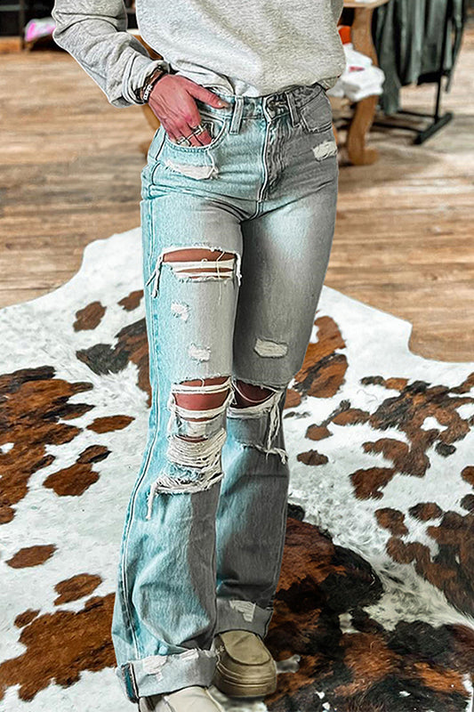 Ripped Washed Flared Jeans