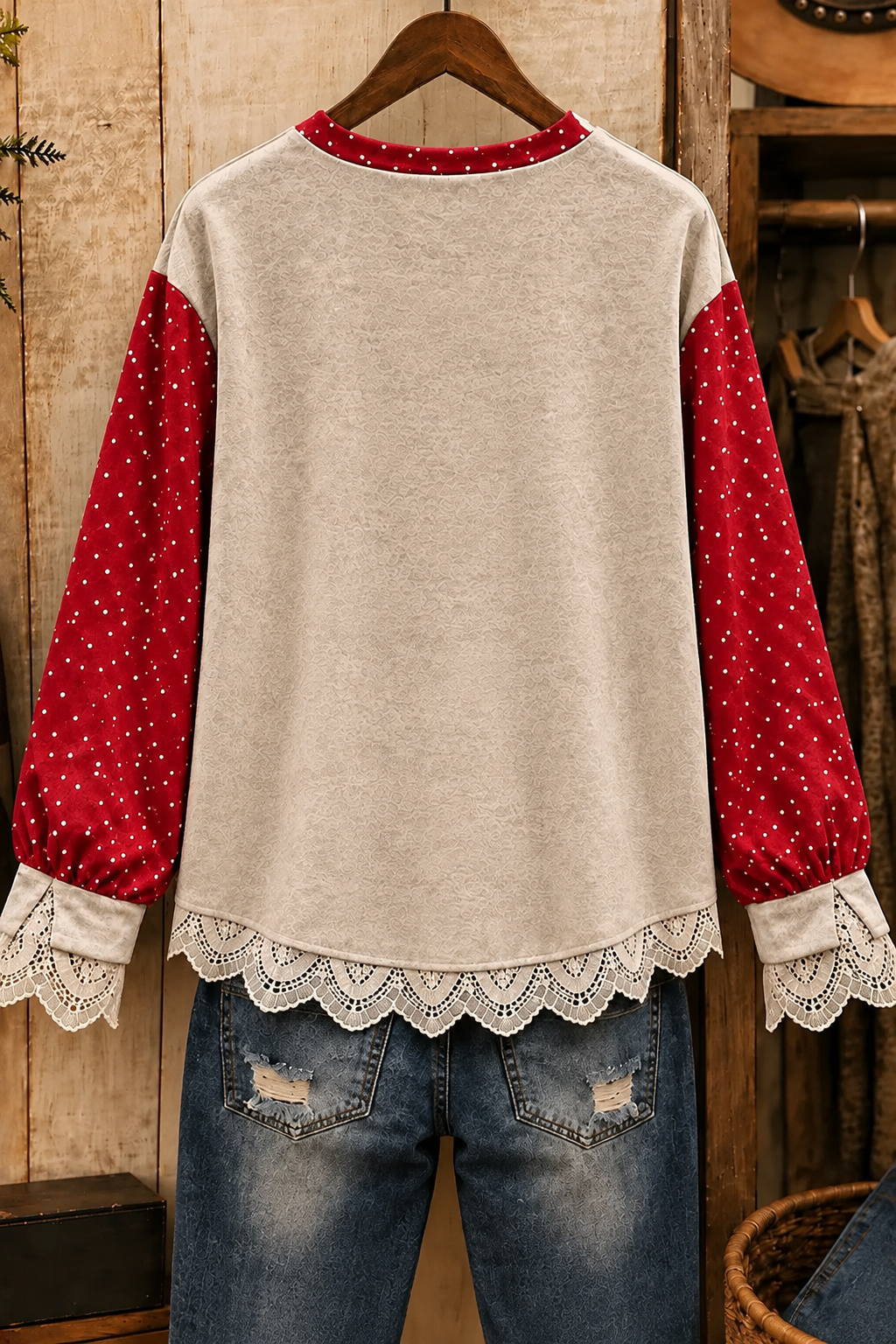 Vintage Christmas Tree Print Crew Neck Lace Trim Top