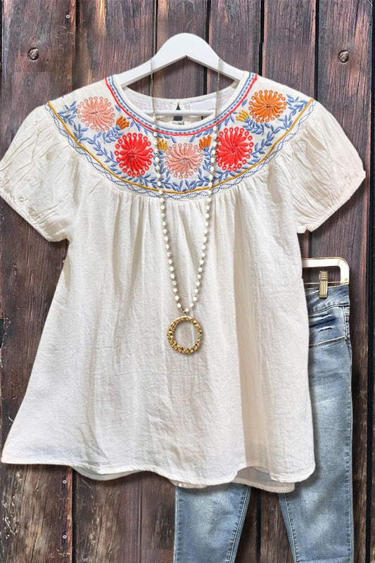 Floral Embroidered Round Neck Short Sleeve Top