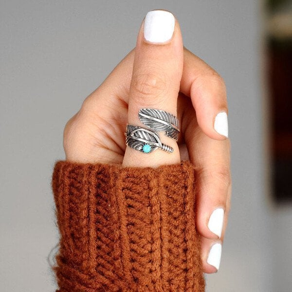 🔥Last Day 75% OFF🎁Boho Feather Turquoise Adjustable Ring