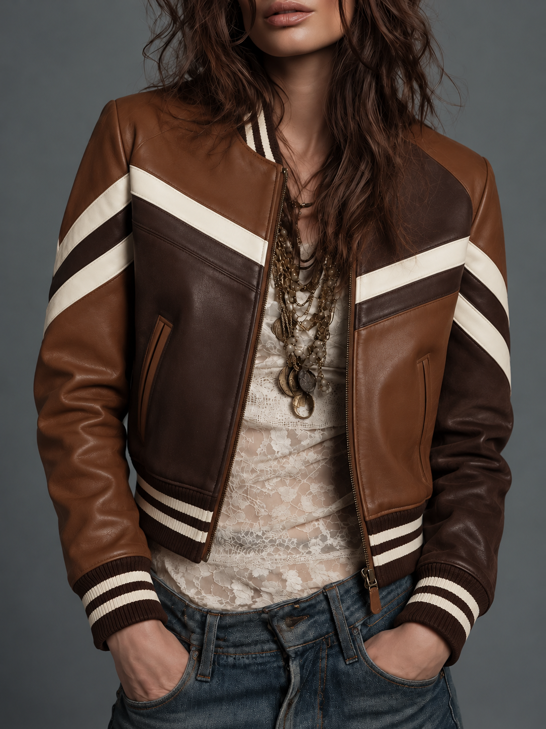 Brown Striped Leather Bomber Jacket