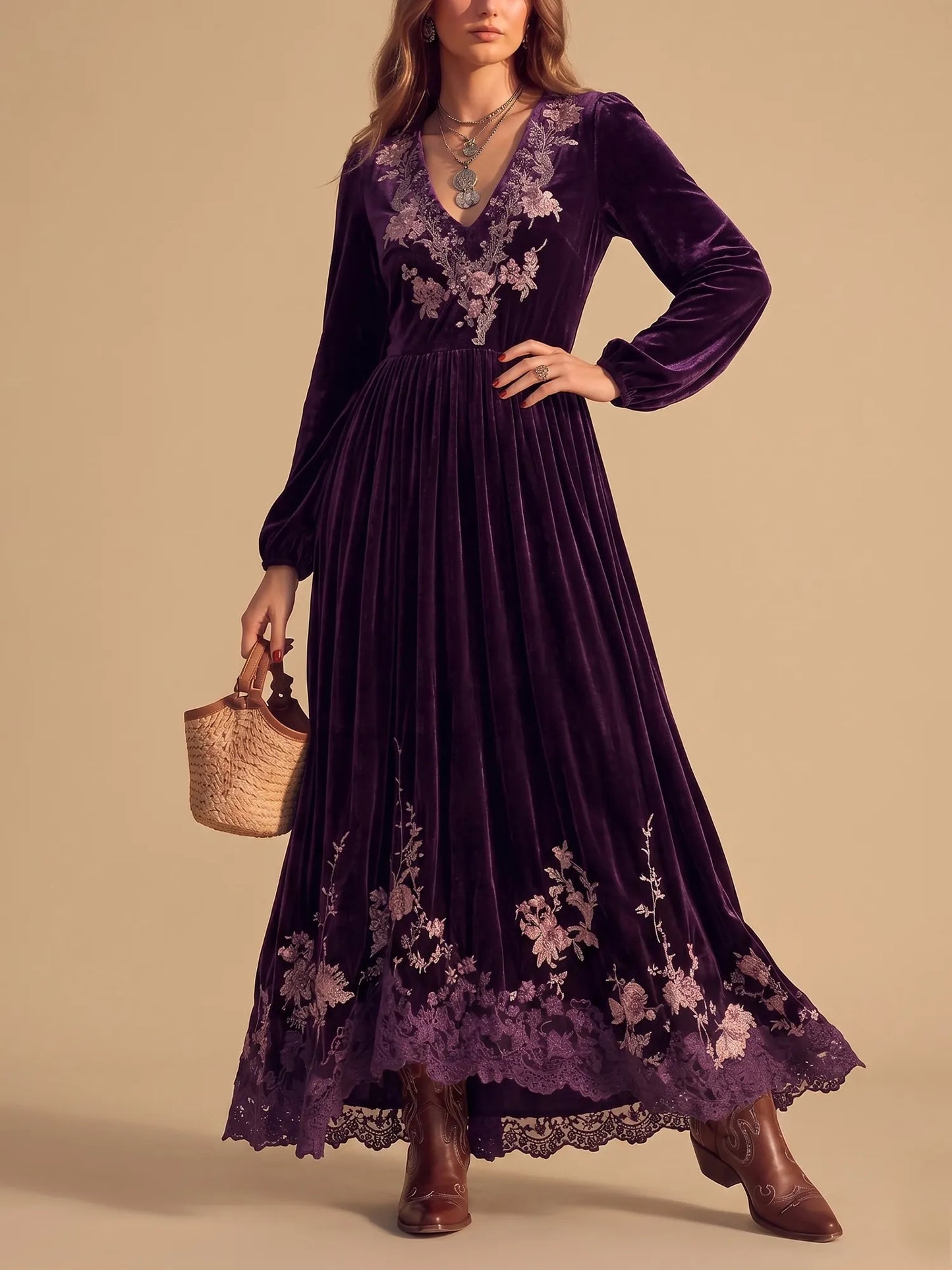 Purple Velvet Floral Embroidery Lace Hem Plunge V-Neck Bishop Sleeve Maxi Dress