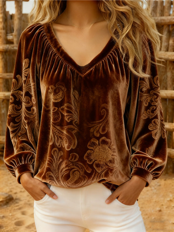 Vintage Floral Print V-Neck Velvet Top