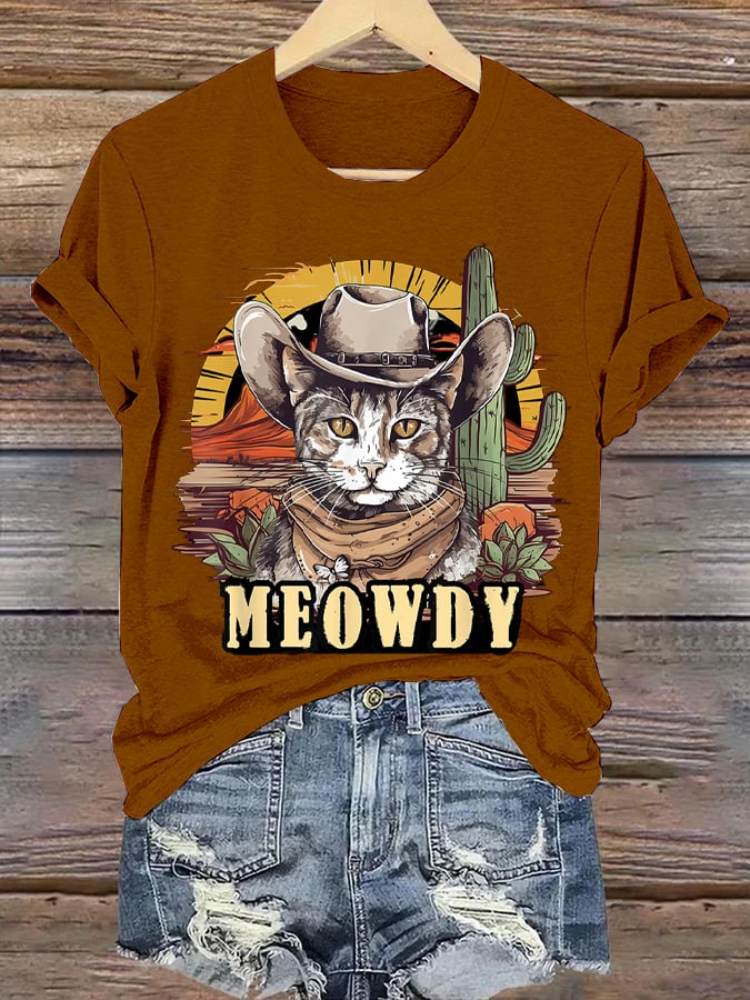 Women's Western Style Retro Cowboy Cat Printed Round Neck Short Sleeve T-Shirt