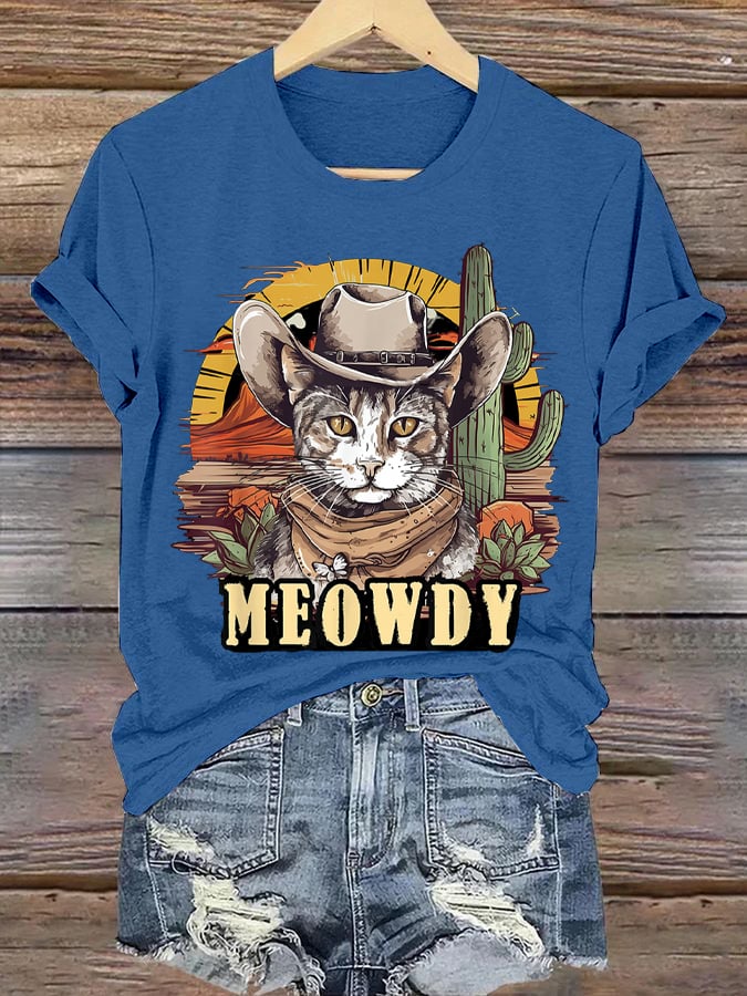 Women's Western Style Retro Cowboy Cat Printed Round Neck Short Sleeve T-Shirt