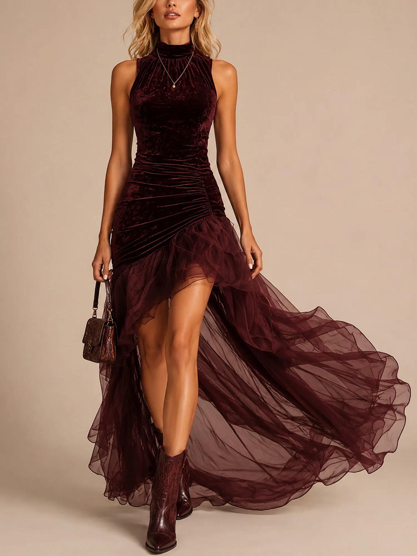 Reddish Brown Velvet Halter High-Low Tulle Maxi Dress