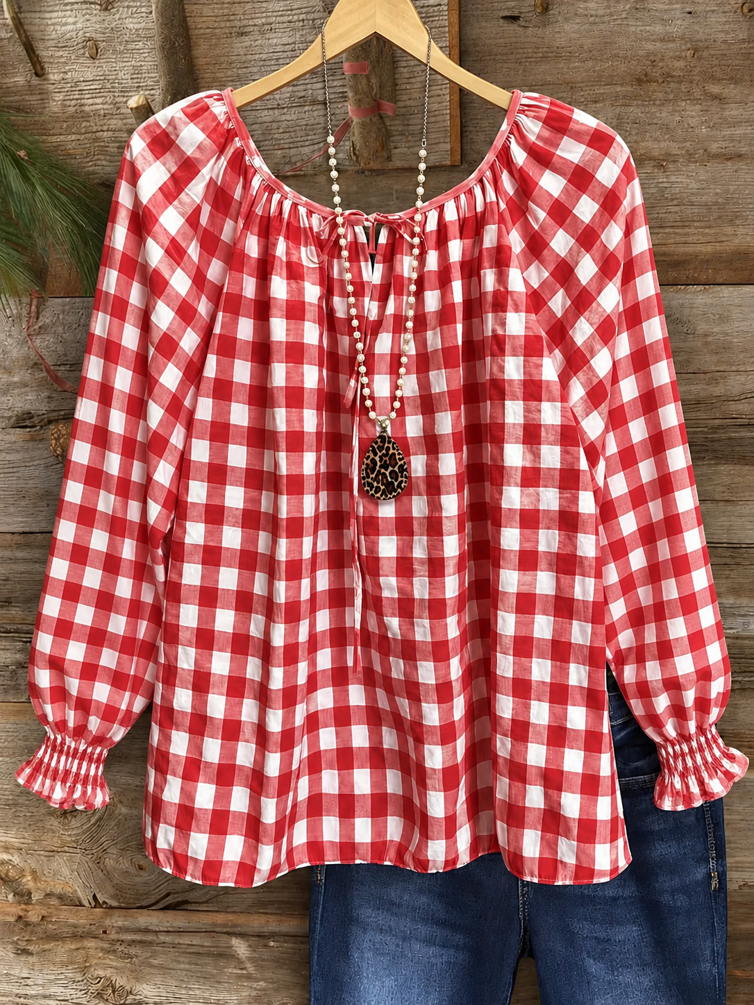 Plaid Gathered Cuff Peasant Top