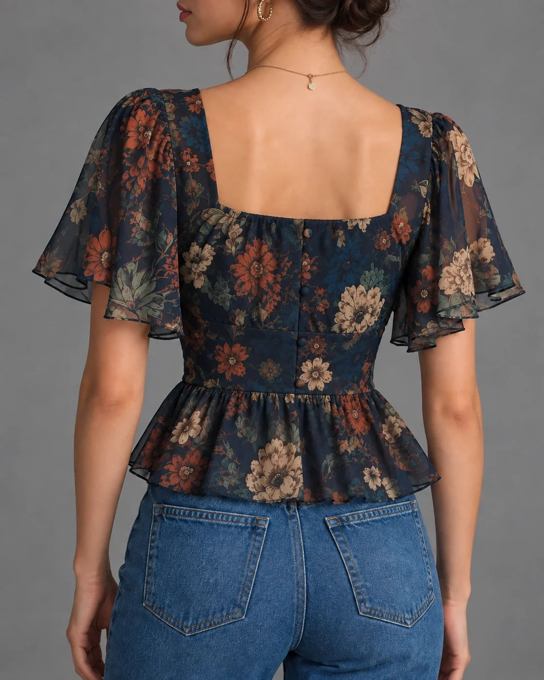 Dark Floral Chiffon Peplum Corset Top
