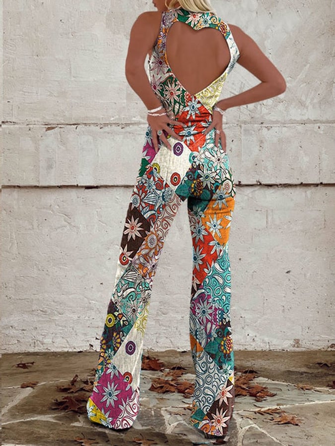 Women's Retro Back Hollow Flower Print Casual Cow Jumpsuit