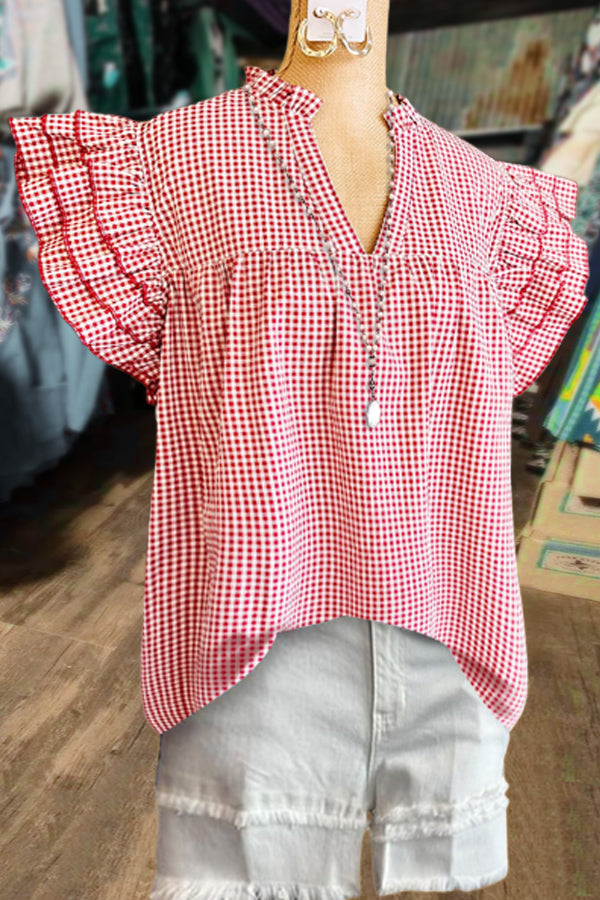 Gingham V-Neck Layered Ruffle Sleeve Top