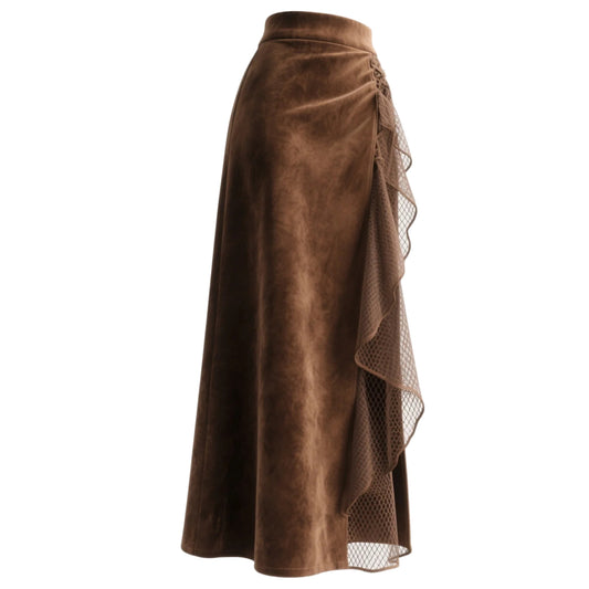 Retro Western Style Irregular Design Suede Patchwork Mesh Skirt