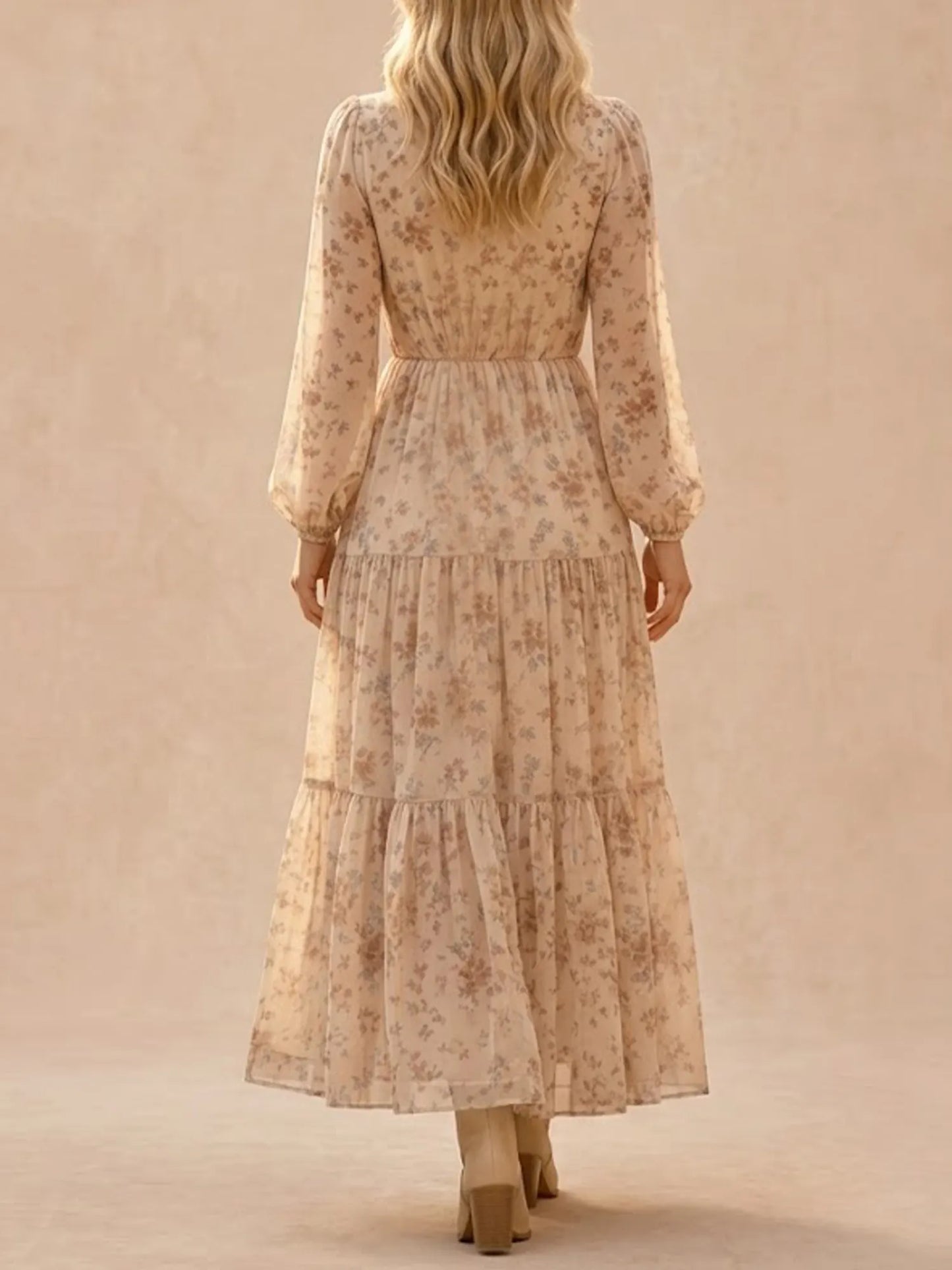 Western Dress — Ivory Apricot Plunging V-Neck Button Placket Long Sleeve Lace Dress Maxi Dress