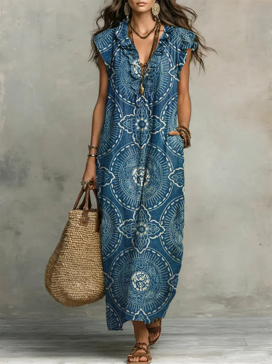 Women's Retro Ethnic Floral Pattern Art Print Casual Ruffled Stylish Dress