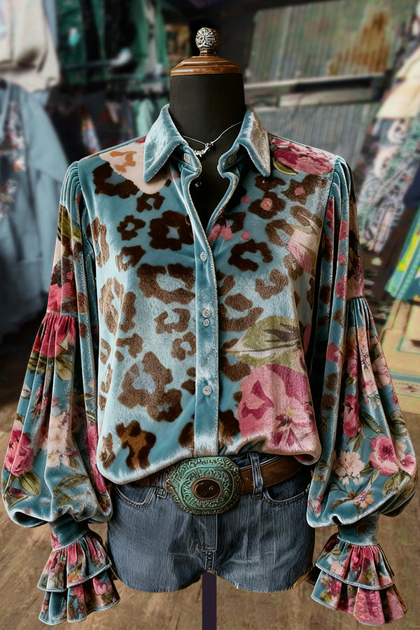Leopard Floral Print Button Up Velvet Top
