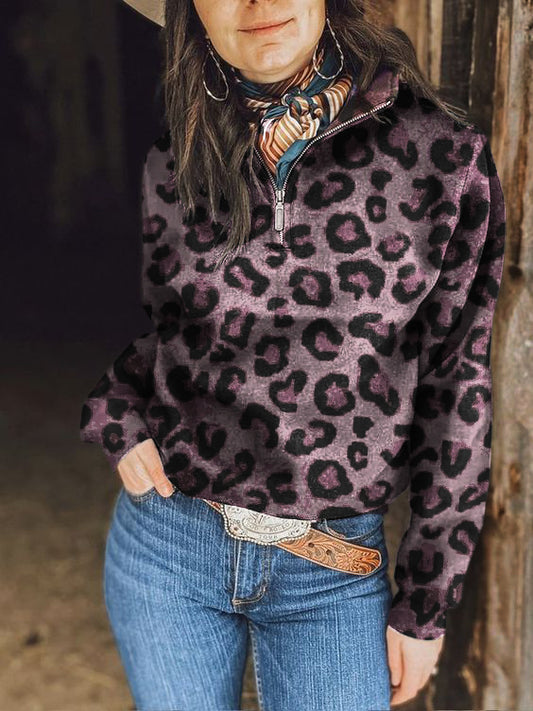 Women's  Leopard Print Zipper Collar Sweatshirt