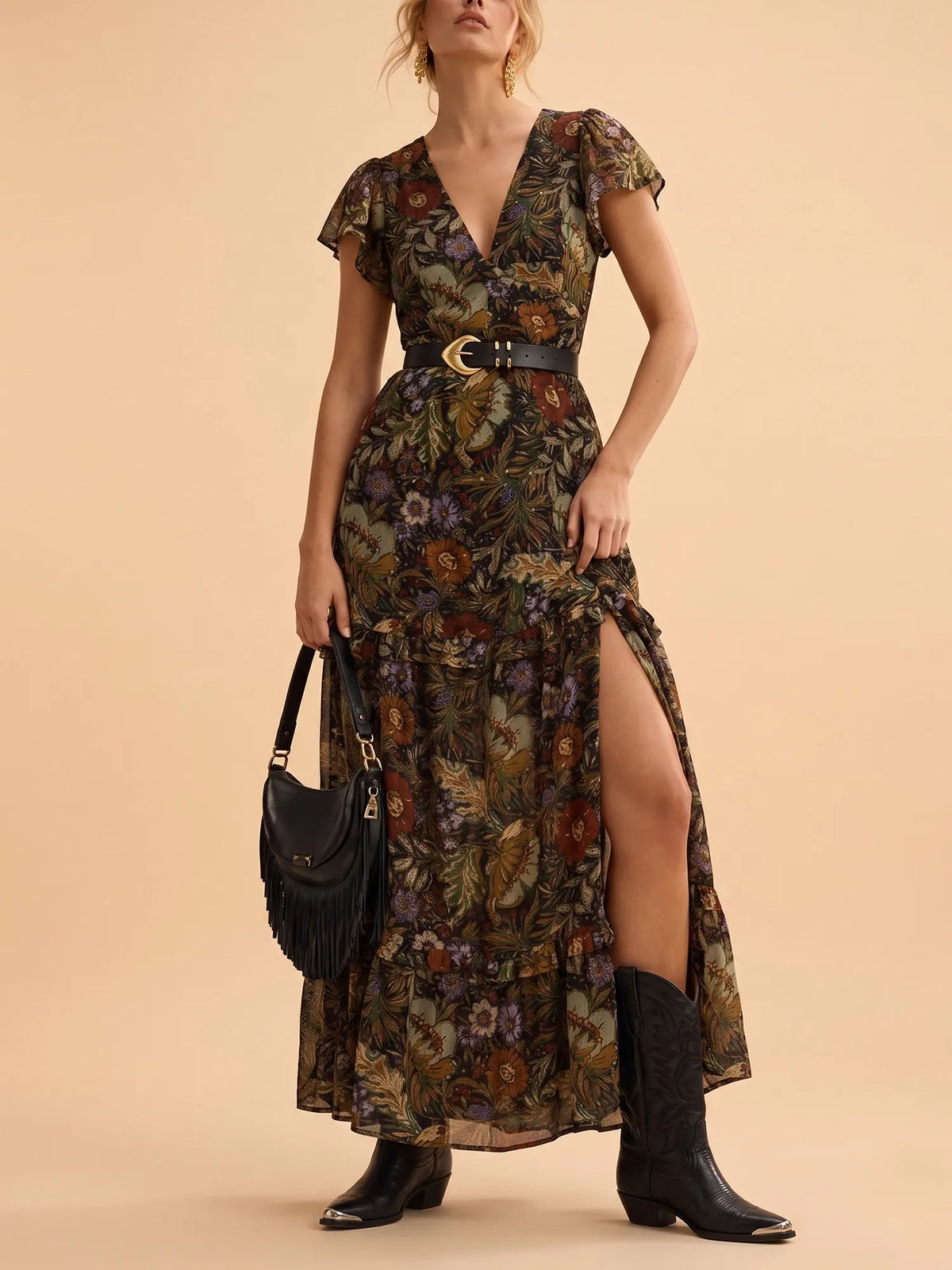 Western Dress — Earthy Khaki Plunging V-Neck High Slit Georgette Maxi Dress