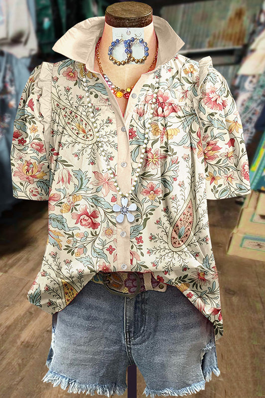 Vintgae Floral Print Short Sleeve Top