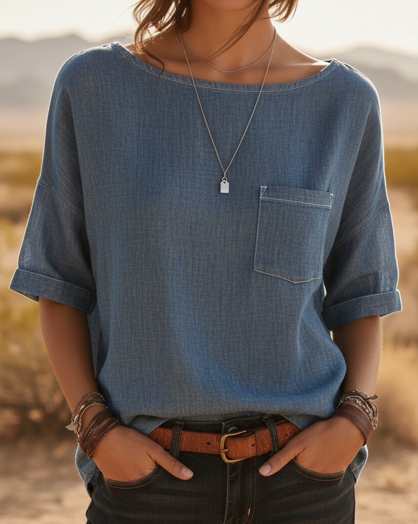 Denim Blue Chambray Pocket Top