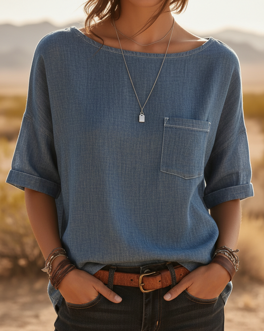 Denim Blue Chambray Pocket Top