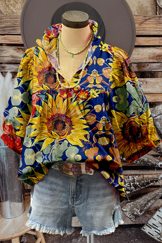 Puff Sleeve Contrast Sunflower Print Top