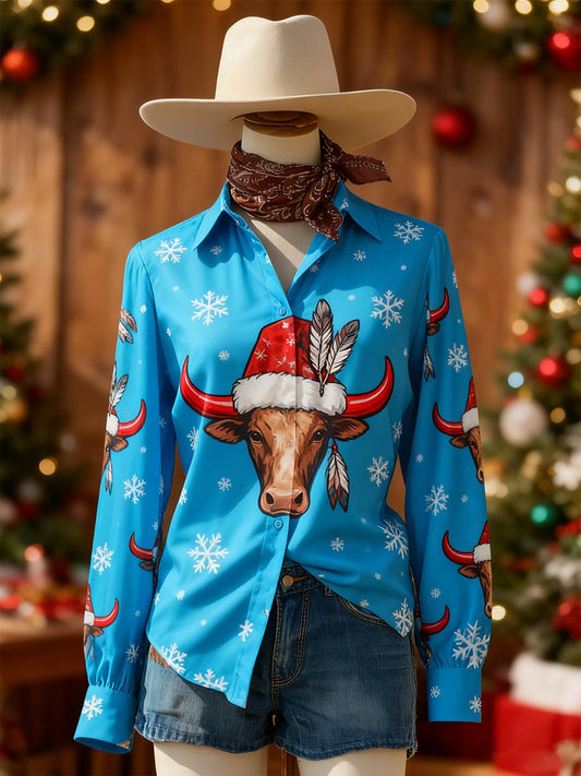 Women's Retro Casual Chirstmas Western Slim Waist Long Sleeve Shirt