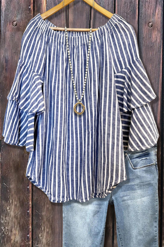 Striped Boat Neck Layered Ruffle Sleeve Top