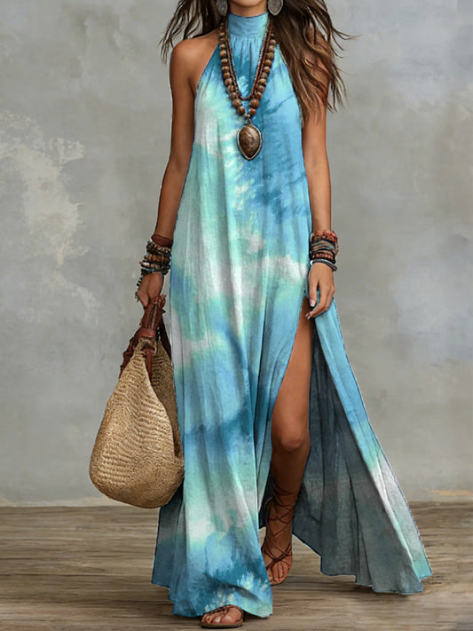 Women's Retro Gradient Art Print Halter Neck Maxi Dress â Casual & Stylish