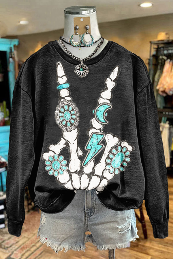 Retro Western Skull Print Sweatshirt