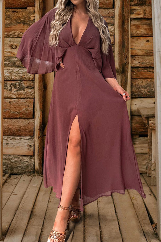 Deep V Neck Bell Sleeve Slit Dress