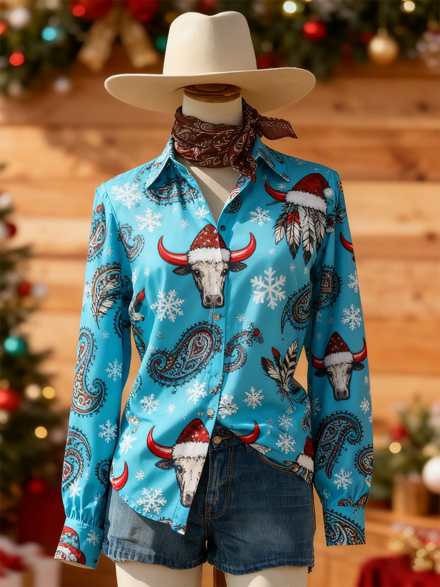 Women's Retro Casual Chirstmas Western Slim Waist Long Sleeve Shirt