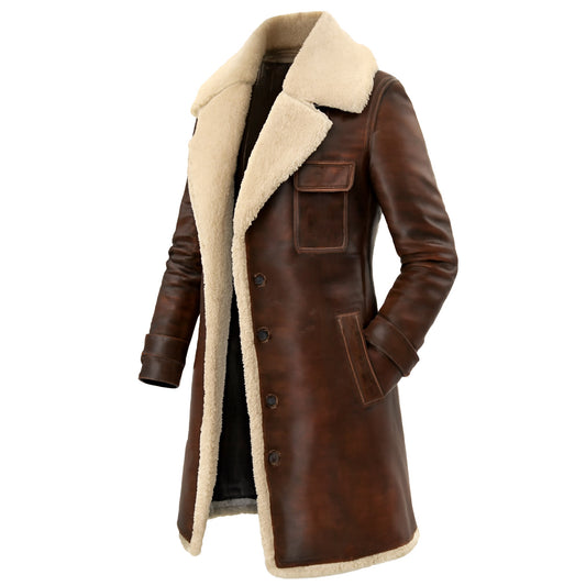 Women's Vintage Western Cowgirl Dark Brown Leather Fleece Lapel Shearling Long Coat
